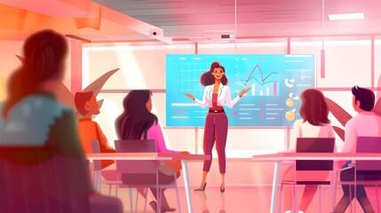 An illustration of a business startup scene, featuring young entrepreneurs working on a new project. The office space is modern and open, filled with computers, sticky notes, and whiteboards. The atmo