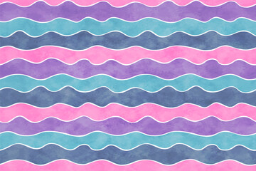 Seamless pattern with color wavy stripes and white lines with watercolor texture. Summer abstract background with cute blue, pink and purple watercolor wavy strips, vector illustration