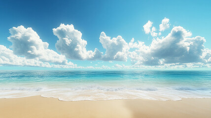serene beach scene featuring beautiful white clouds in blue sky over tranquil ocean. gentle waves lap against sandy shore, creating peaceful atmosphere
