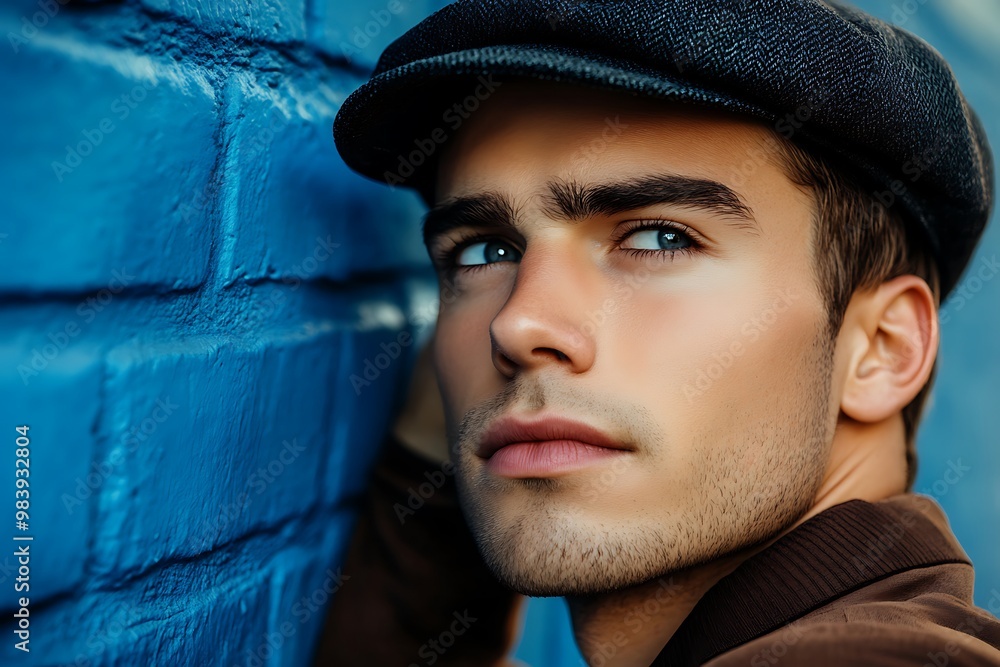 Wall mural portrait of young handsome bearded hipster man with black cap