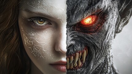 A woman's face is split in two, revealing a monstrous beast with glowing red eyes. This digital art piece explores the duality of human nature.