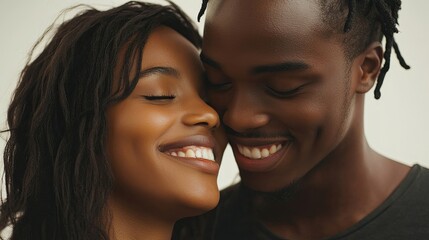 Portrait of a happy couple sharing a joyful and intimate moment, standing together with smiles on their faces. The clean background emphasizes the simplicity and purity of their connection
