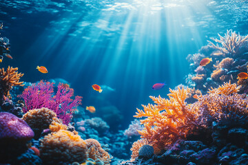 Fototapeta premium underwater world of ocean features vibrant coral reefs and colorful fish swimming gracefully. Sunlight filters through water, creating serene and enchanting atmosphere