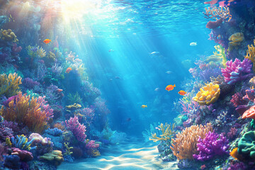 Fototapeta premium underwater world of ocean is vibrant and full of life, showcasing colorful corals and various fish swimming gracefully among reefs. sunlight filters through water, creating serene and enchanting atmo