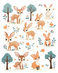 Naklejka premium Adorable cartoon deer and bunny with floral elements in a woodland setting.