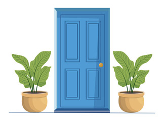 Front door with two pots with plants. Cartoon house illustration