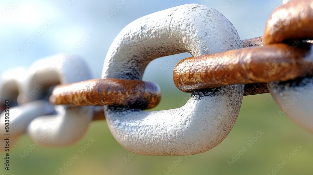 Poster a close-up view of a weathered metal chain link with a rustic finish, showcasing its texture against