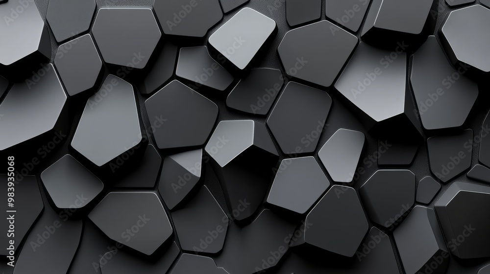 Aufkleber a close-up view of an abstract geometric pattern with honeycomb shapes in various shades of black, p