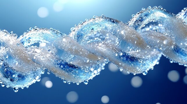 A close-up view of a twisted rope intertwined with water droplets, creating a refreshing and dynamic visual effect.