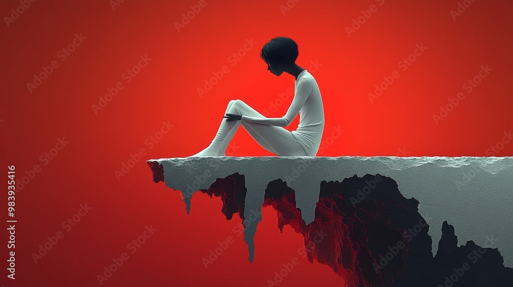 Poster a contemplative figure sits on the edge of a cliff against a striking red background, evoking feelin