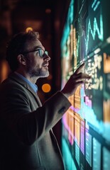 Urban professional presenting data on an interactive digital wall at night in a modern office
