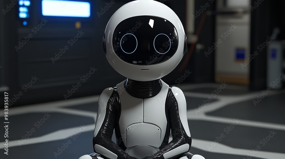 Poster a futuristic robot character with large expressive eyes, showcasing advanced technology in a modern 