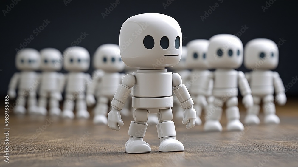 Poster a group of cute, white robot figures standing in a row, showcasing a playful and whimsical atmospher