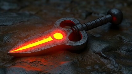 Naklejka premium A glowing red sword resting on a textured surface, showcasing intricate design and vibrant lighting, perfect for fantasy themes.