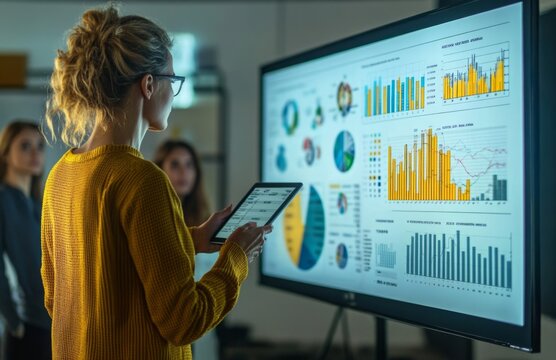 Businesswoman giving a financial presentation with charts on screen in a modern conference room