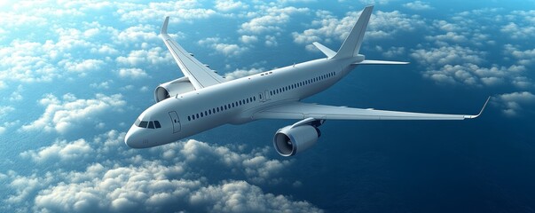 A modern airplane flying high above beautiful clouds, showcasing elegance and technology against a vibrant blue sky.