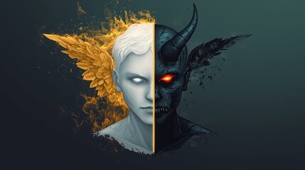 Fototapeta premium A digital art piece depicting a split face, one half an angelic figure, the other a demonic one. while the demon side is dark with horns and black wings.
