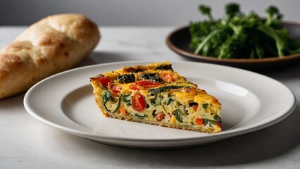 Vegetable frittata slice served on a white plate with fresh bread and greens on a gray background