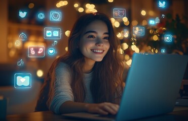 Young woman at her desk, engaging with social media on her laptop amidst floating icons