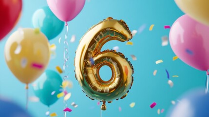 Golden number 6 balloon amidst a burst of colorful balloons and confetti in a celebratory atmosphere