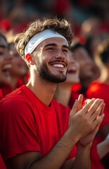Fototapeta premium Enthusiastic sports fans in red jerseys celebrate passionately during an exciting stadium match