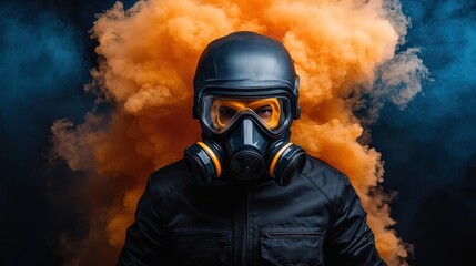 Mysterious figure with gas mask amidst orange smoke