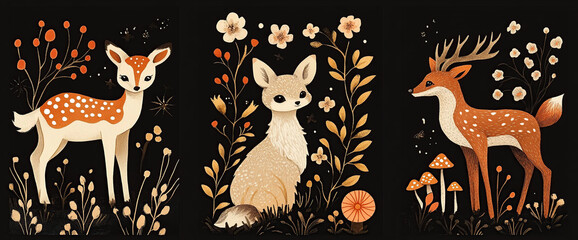 Illustration of a white fawn and forest mushrooms in a fairy-tale scene