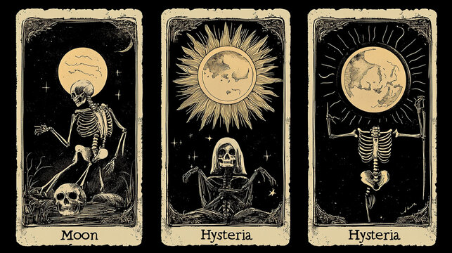 Tarot cards depicting the Sun, Moon, and Hysteria