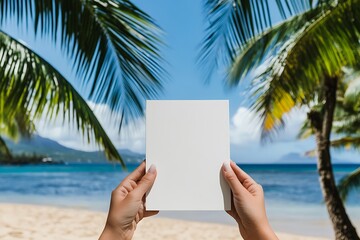 Woman hands with white blank book on the beach
