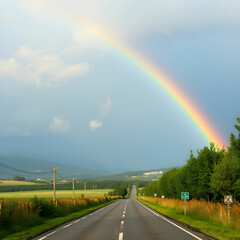 Rainbow at the end of a road landscape