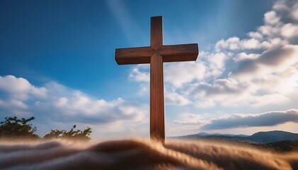 Wooden Cross with a Light Blue Sky and Soft Clouds
A wooden cross on the right side, framed by a light blue sky and soft clouds, evoking tranquility and hope.