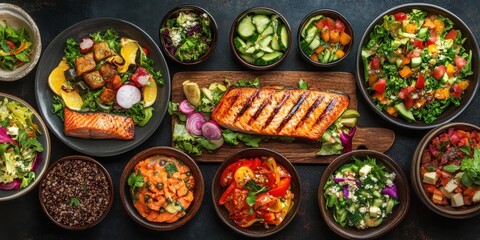 A vibrant top-down view of various colorful, healthy dishes arranged on a dark rustic table.