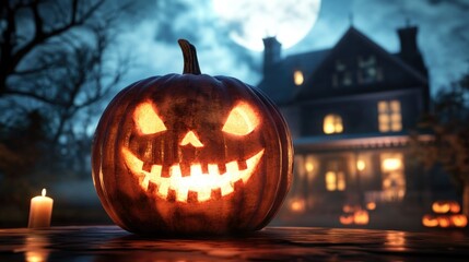 Halloween pumpkin with candlelight in front of a haunted house background,