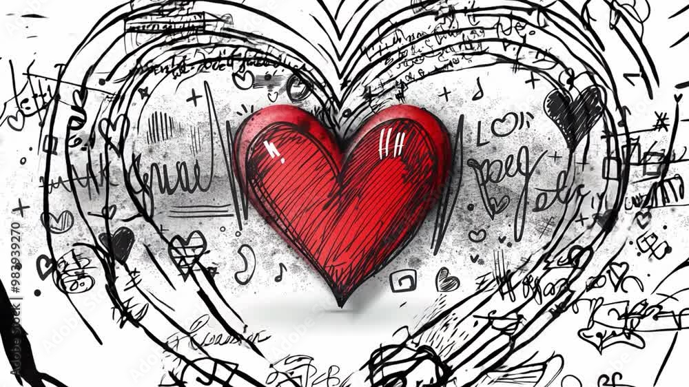 Aufkleber a colorful heart takes center stage amidst swirling sketches and patterns, representing love and cre