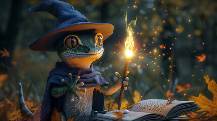 Gecko wizard casting a spell with a glowing wand and magic book in a whimsical autumn forest