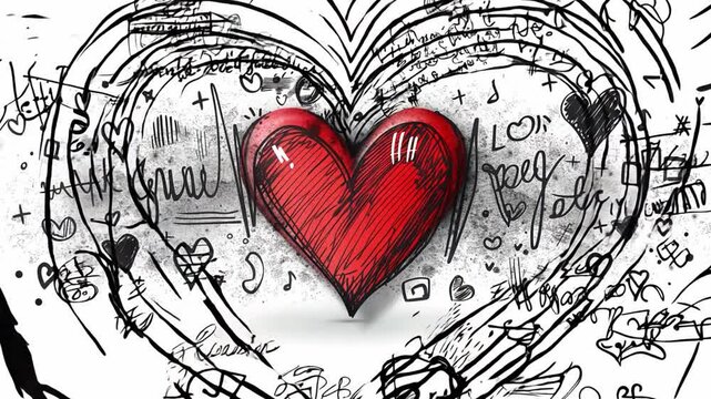A colorful heart takes center stage amidst swirling sketches and patterns, representing love and creativity. The intricate details enhance feelings of warmth and joy.
