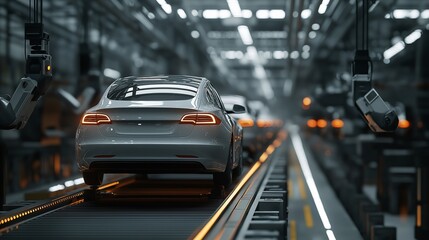 Electric Dreams on the Assembly Line: A sleek silver electric car glides through a state-of-the-art factory, embodying the future of automotive manufacturing. 