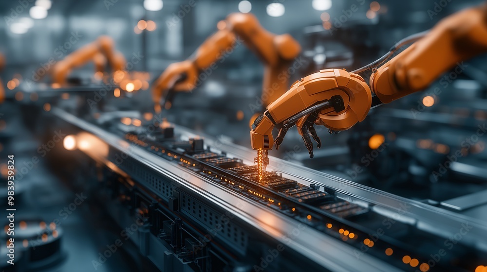 Poster precision automation in action: a symphony of robotic arms working in unison on a futuristic assembl