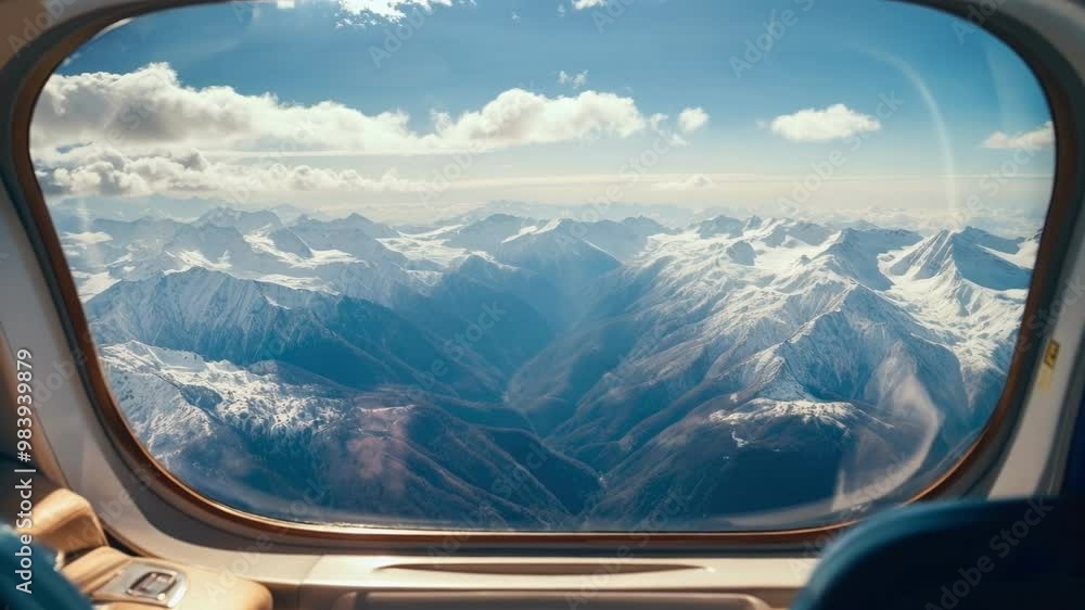 Poster enjoying the view of the snow capped alps through the window of a private jet, flying high above the