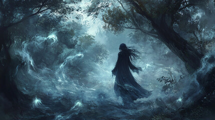 Fototapeta premium A witch walking through a haunted forest, with spirits swirling around her and whispers on the wind.