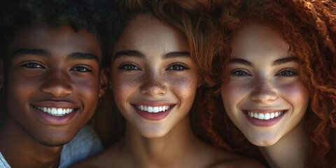 Fototapeta premium Three young friends smile and share joy together. The image captures their bright expressions and warm connection. This portrait reflects happiness and friendship in a modern style. AI