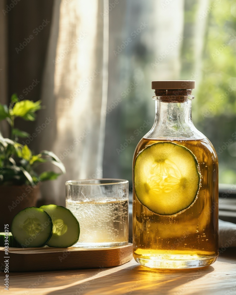 Aufkleber a refreshing drink with cucumber slices in a glass and a bottle, set by a window.
