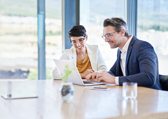 Office, teamwork and business people with laptop for typing, planning or update website for...