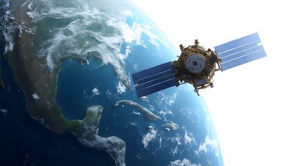 A satellite and earth representing remote sensing technology isolated on a white background