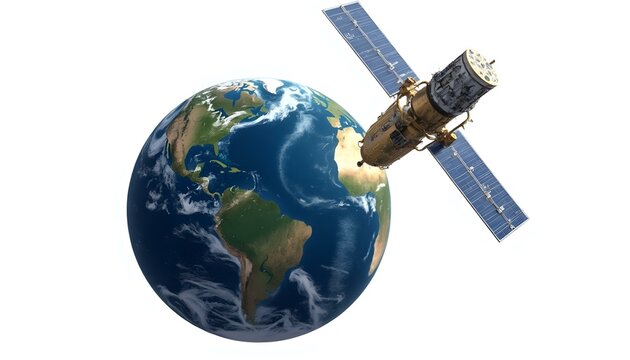 A satellite and earth representing remote sensing technology isolated on a white background