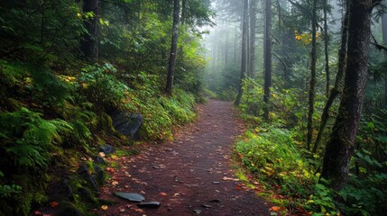 Obraz premium Wandering path amid the gloomy woodland. 