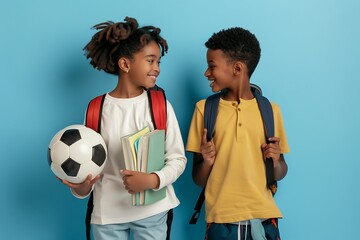 Fototapeta premium Teenage African American Friends: Schoolgirl and Boy Posing on Blue Background, Back to School