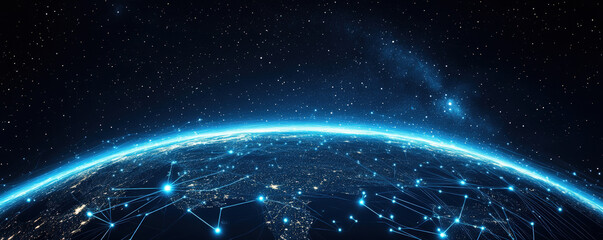 Earth's electronic pulse prominently displayed illustrating worldwide network activity across the entire width of the banners  