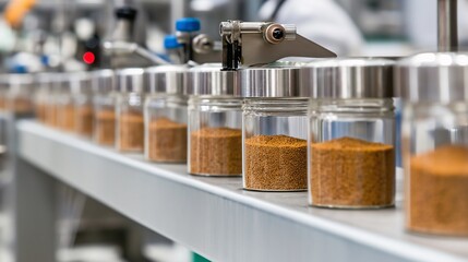 Precision Production: A close-up view of perfectly measured spices in glass jars, gliding along a modern factory conveyor belt, showcasing industrial food production. 
