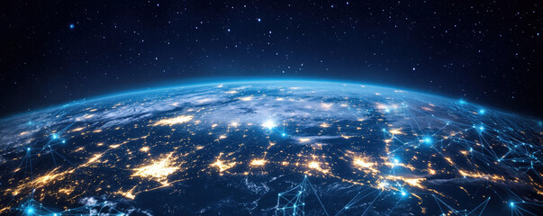 Obraz premium International digital infrastructure prominently displayed mapping device connections across the entire width of the banners 